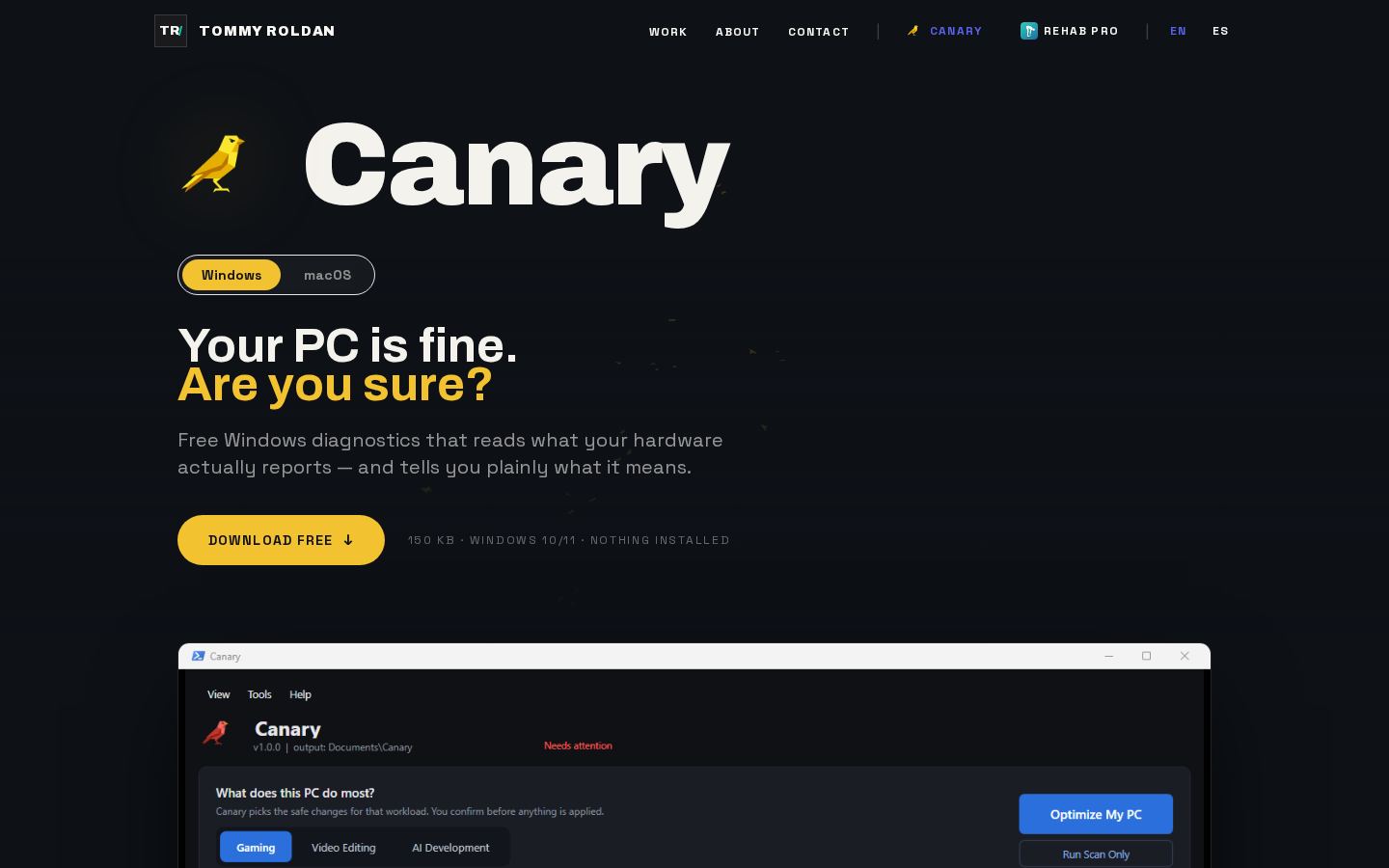 Canary — the live page at desktop width
