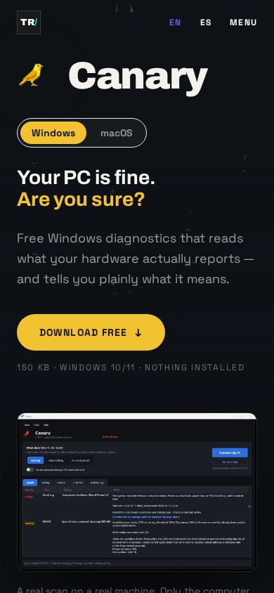 Canary — the live page on a phone