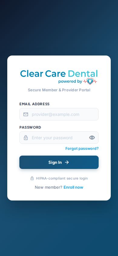Clear Care Dental — the live app on a phone