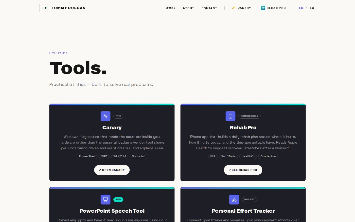 Tools page — the live site at desktop width
