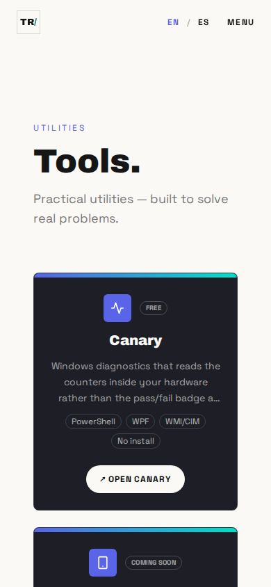 Tools page — the live site on a phone