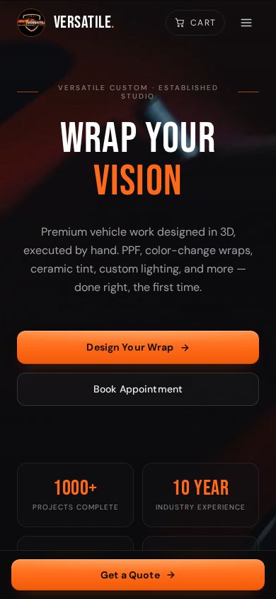 Versatile Customs — the live site on a phone